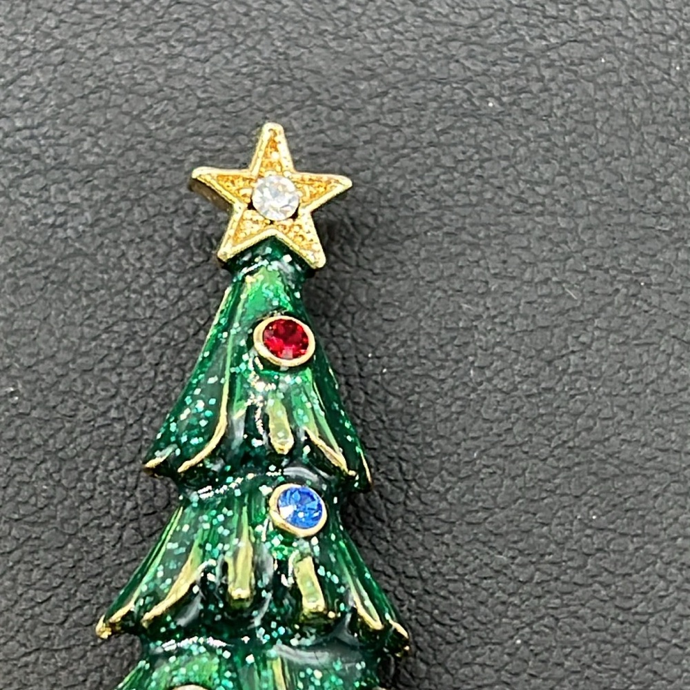 Vintage Eisenberg ice rhinestone green enamel gold tone Christmas tree brooch - Picture 8 of 10